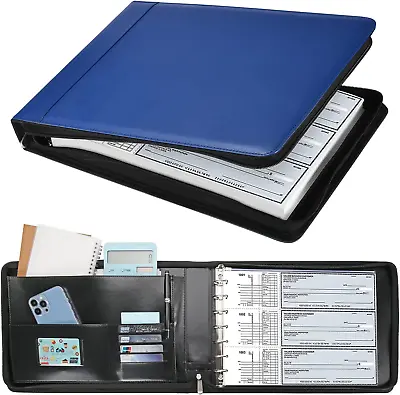 Business Check 7 Ring Checkbook Binder PU Leather Portfolio Built In Storage Blu • $29.49