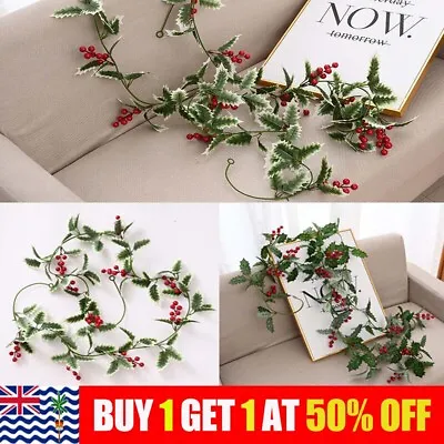 2M Artificial Holly Leaves And Red Berries Garland Wreath Christmas Party Decor • £1.81
