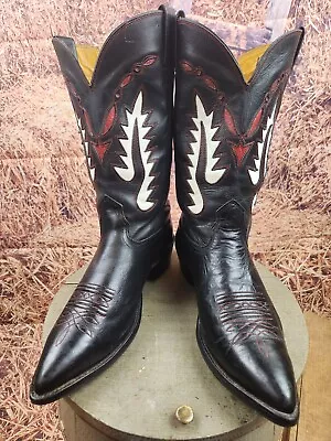 Men's Cowboy Western Boots Handmade 1970's Nocona 10.5 D Black With Inlay • $399.99