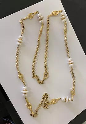 Massive 34” Pearl White & Gold Tone Heavy Flapper Style Chain Necklace • $4.99