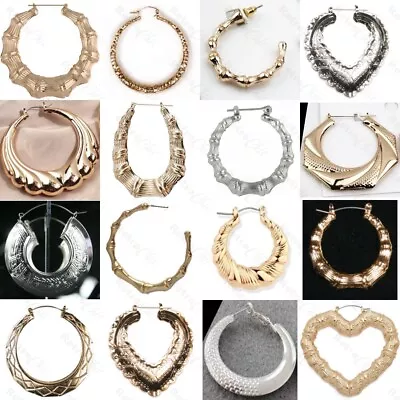 £4.50 • Buy RETRO GOLD FASHION Double Sided CREOLE HOOPS Fat Bamboo Twist Rope HOOP EARRINGS
