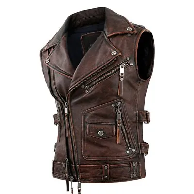 Men's Vintage Brown Motorcycle Vest Men Genuine Cowhide Riding Sleeveless Jacket • $91.28