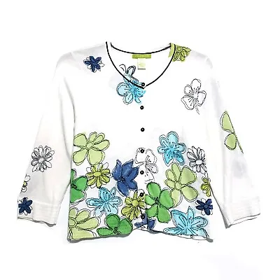 Sigrid Olsen White With Embroidered Flowers Button-up Cardigan Sweater Size PL • $18.99