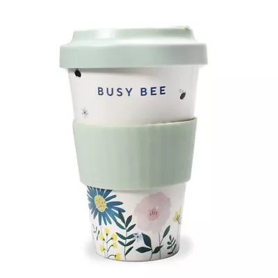 Travel Mug Coffee Cup With Lid Sage Green White Floral Bee Garden 350ml New F1 • £2