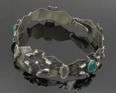 EUROPEAN 925 Silver - Vintage Green Carnelian Modernist Chain Bracelet - BT8068 • $119.25
