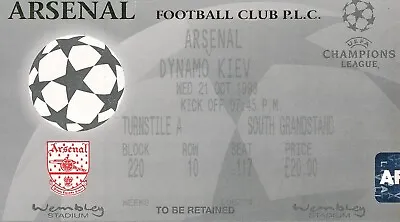 TICKET: Arsenal V Dynamo Kyiv Ukraine (UEFA Champions League) 1998/1999 • £4.99