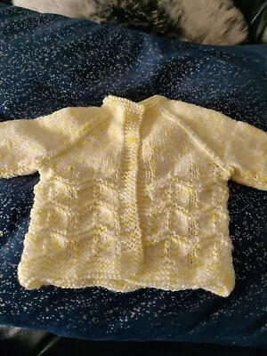 Hand Knitted Baby Cardigan 3-6 Months Soft Yellow And White Multi  • £3.49