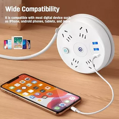 Round Power Board Strip 3 USB Charging 4 Way Outlets Socket Power Charger Surge • $22.99
