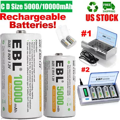 Lot EBL C D Size Cell NI-MH 1.2V Rechargeable Batteries / AAA AA C D 9V Charger • $14.99