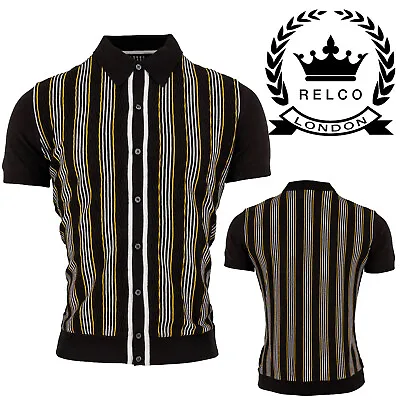 Men's Relco Black Knitted Textured Short Sleeve Rockabilly Mod Polo Shirt • £39.99