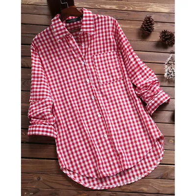 Plus Size Womens Ladies Long Sleeve Check Plaid Loose Casual Shirt Tops Blouse • £13.99