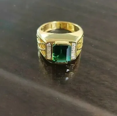 Emerald Lab Created Green Emerald Men Wedding Ring 14K Yellow Gold Plated • $152.24