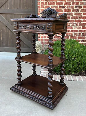 Tall Antique French Server Pedestal Barley Twist Nightstand End Table Drawer Oak • $3200