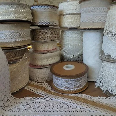 VINTAGE LACE RIBBON Hessian Linen Trim Sewing Wedding Scrapbook 1M CUT TO ORDER • £2.78