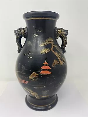 Vtg Hand Painted Matte Black Ceramic/Pottery Japanese 12” Vase Foo Dog Handles • $125