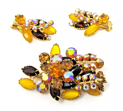 Vintage Mid Century Yellow Bronze & Multi Colored Rhinestone Ear Clip On & Brooc • $59.99