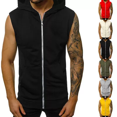 Mens Sleeveless Sweatshirt Hooded Casual Tank Top Plain Bodybuilding Muscle Vest • £9.92