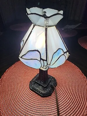 Vintage Tiffany Style Metal Candlestick Small Table Lamp- Stained Glass Shade  • $33.75