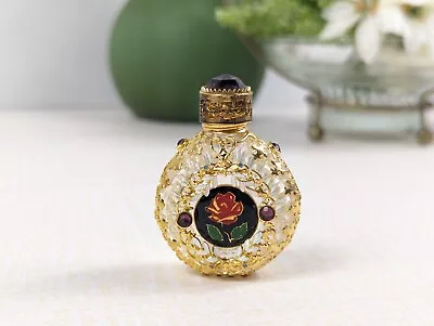 Vintage Miniature Glass Perfume Bottle Ornate Metal Filigree Jeweled With Dauber • $29.99