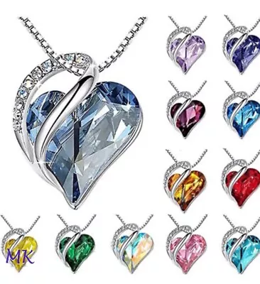 Women Birthstone Heart Silver Necklace Love Crystal Pendant Lady Fashion Gift • $4.95