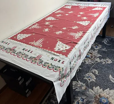 $39 • Buy Vintage Mid Century Christmas Tablecloth 60x84 Rectangle Noel Tree Candle 1950s
