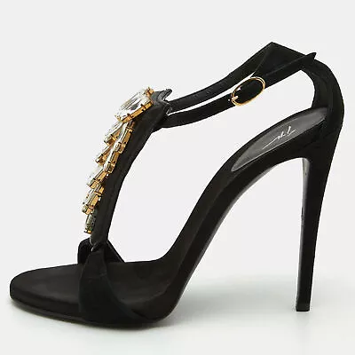 Giuseppe Zanotti Black Suede Crystal Embellished Ankle Strap Sandals Size 38 • $129.15