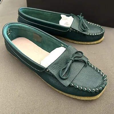 J. Crew Unlined Moccasins Slip Down Ons Dark Spruce Green Leather NEW • $59.99