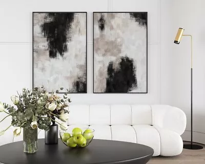 Black And Beige White Neutral Art Print Set Of 2 Abstract Wall Art Picture Home • £16.99