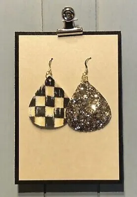Mackenzie Childs Authentic Courtly Check Ribbon Earrings 2” Drop Glitter Gold • $7.95