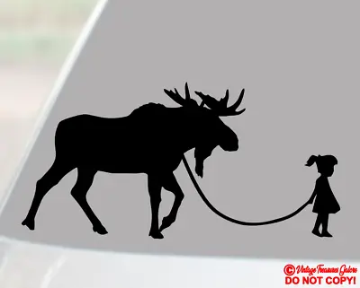 GIRL WALKING A MOOSE Vinyl Decal Sticker Car Truck Rear Window Bumper ELK FUNNY • $2.99