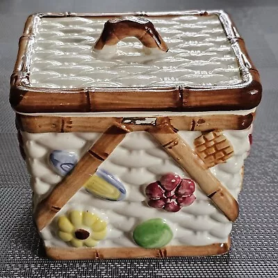 Vintage Collectible Ceramic Cookie Jar / Canister Town Picnic Basket & Bamboo • $29.90