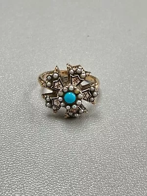 Vintage 14K Yellow Gold Turquoise And Pearl Ring • $375