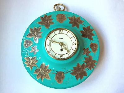 HECO GERMANY Art Deco Hollywood Regency 8 Day Metal Wall Clock Turquoise AS IS • $39.99