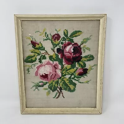 Vintage Shabby Chic Pink Cabbage Roses Cross Stitch On Linen Framed Picture • $19.99