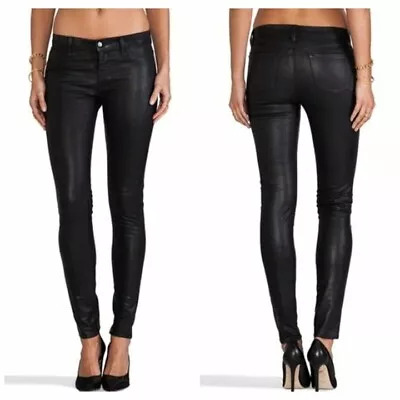 J Brand Super Skinny Mid Rise Pants Women Sz 30 10 BLACK Wax Coated Shiny NEW • $35