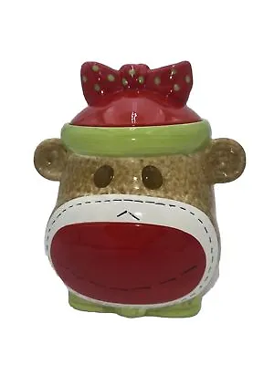 Sock Monkey 9  Cookie Biscuit Jar Green Red Brown Monkey Retro Real Home Brand • $9.99