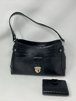 Vintage Black Liz Claiborne Faux Crocodile Leather Purse W Matching Wallet • $17.27