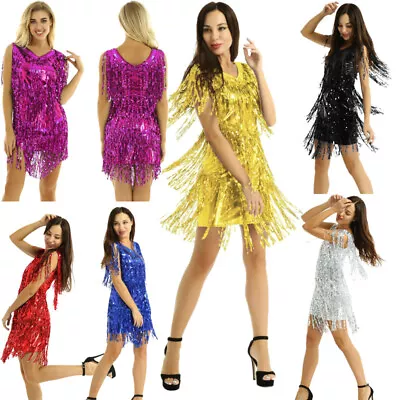£33.99 • Buy UK Womens Dance Dress Sequin Tassels Ballroom Samba Tango Latin Stage Costume