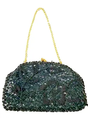 Vintage Safco Black Beaded Evening Bag Gold Chain Dance Satin Hong Kong Prom • $13.99