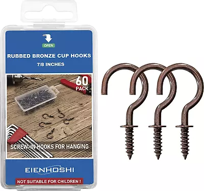 7/8'' Rubbed Bronze Cup Hooks Pack Of 60 Screwin Hooks For Hanging Stuff Small C • $12.24