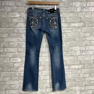 Miss Me Peace Sign Boot Cut Jeans Women's 26 Medium Wash Embellished Low Rise  • $45