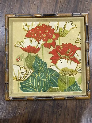 VTG Bamboo Framed Geraniums Needlepoint Farmhouse Floral Bouquet 14”x14” Red • $39.99