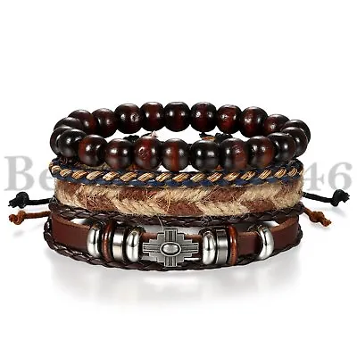 4Pcs Wooden Beaded Bracelet Leather Braided Cross Bangle For Men And Women • $9.99