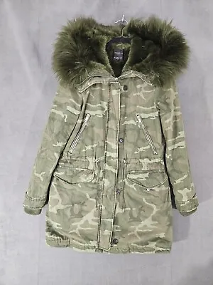 Zara Trafaluc Outerwear Camouflage Faux Fur Hooded Parka Zippered Coat Size S • $103.60