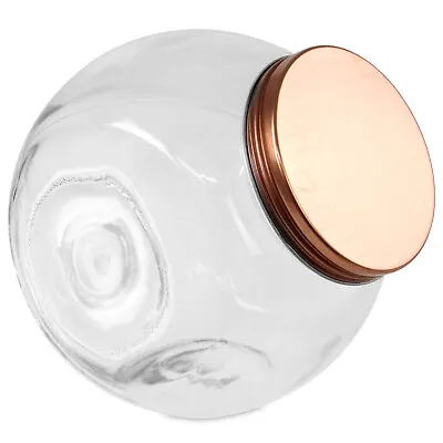 1.6L Round Storage Candy Tilt Jar Glass Container Airtight Canister Copper Lid • £8.95