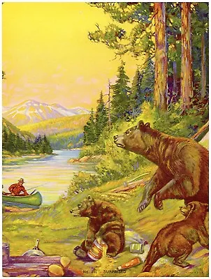 Original Vintage Calendar Print Lithography C1940s Fishing Fish Bears Tin Cans • $7.95