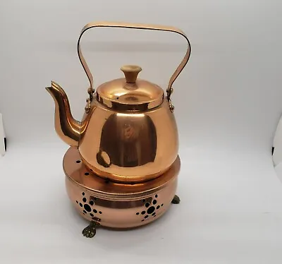 Copper Tea Pot With 2 Pc Warming Stand Wood Knob On Lid Portugal Metaluth? • £28.95