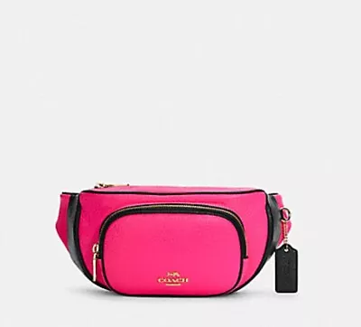 Coach Neon Pink Black Leather Court Belt Fanny Bag Pack Color Block C6077 $298 • $228
