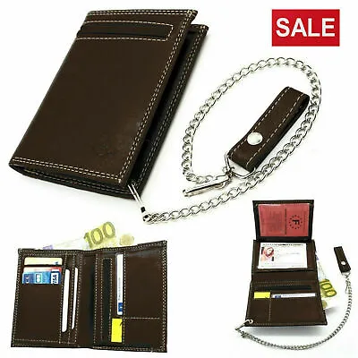 Men's Biker Leather Wallet With Coin Pocket And Safety Metal Chain Purse BROWN • £14.80