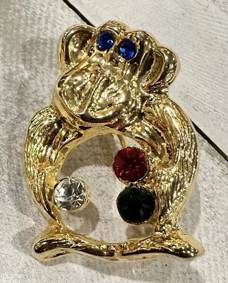 Gorilla Monkey Figural Brooch Vtg Gold Tone Blue Green Red Glass Rhinestone Pin • $18